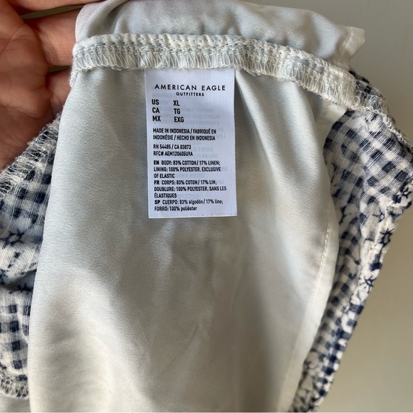 American Eagle Smocked Gingham Floral Sundress Blue White Cotton Linen Blend XL - Picture 10 of 14